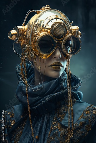 steampunk woman wearing a gold goggles and a jacket, in the style of photorealistic surrealism photo