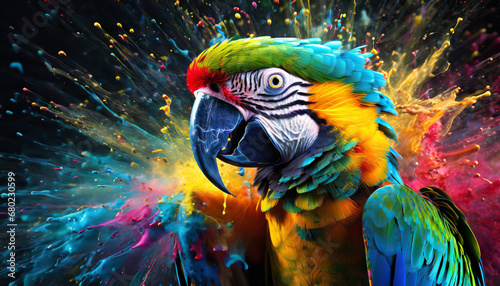 Colorful Macaw Parrot Bird exploding colors - Paint platter explosion of rainbow colors 