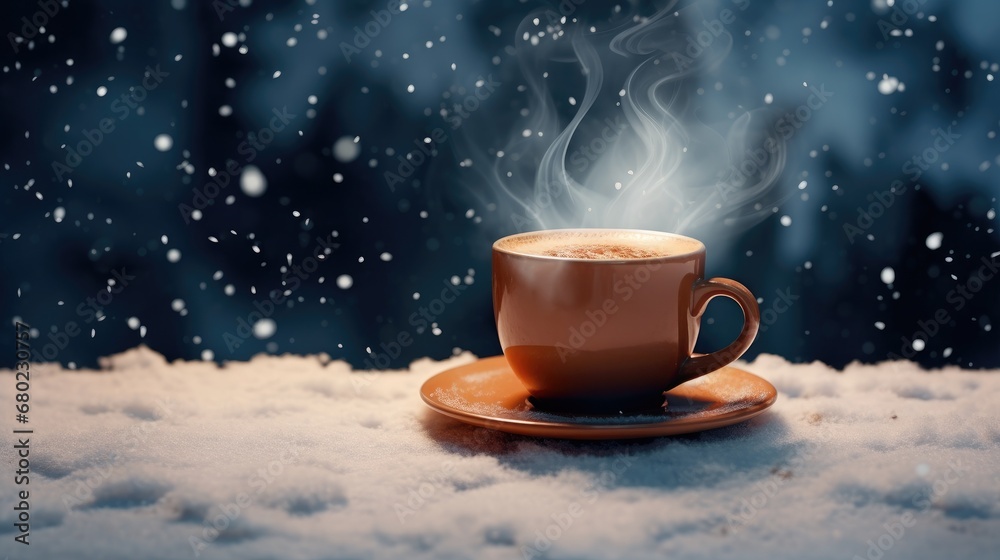 Obraz premium Hot coffee in winter. Winter background