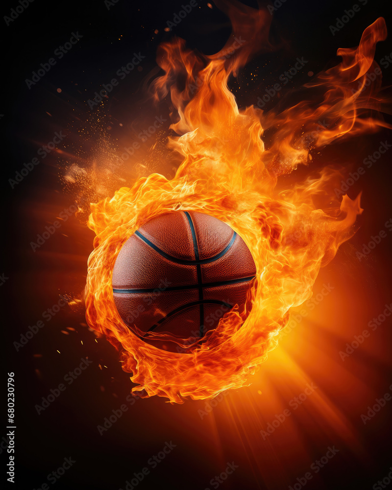 Fototapeta premium basketball in flames on a black background with ray of light