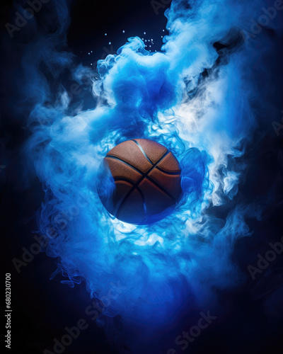 surreal basketball ball in a blue cloud of smoke, magic light and concept power of sport   © kiddsgn
