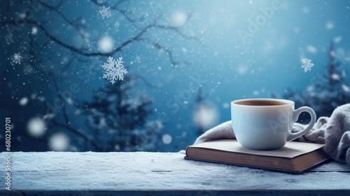 Winter background featuring a book, a coffee cup, and a snow