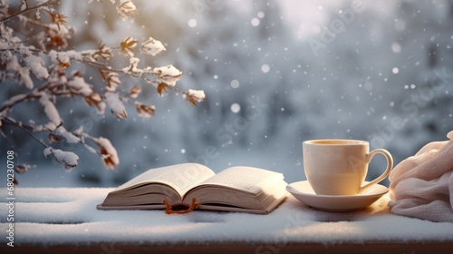 Winter background featuring a book, a coffee cup, and a snow