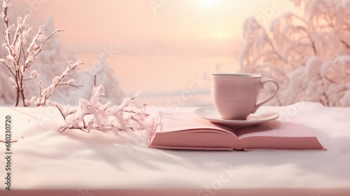 Pink concept winter background featuring a book, a coffee cup, and a snow
