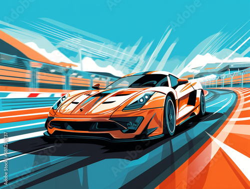 A sleek sports car zooming through a racetrack, showcasing its speed and agility. photo