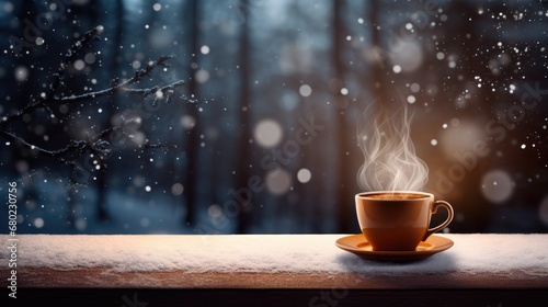Hot coffee in winter. Winter background