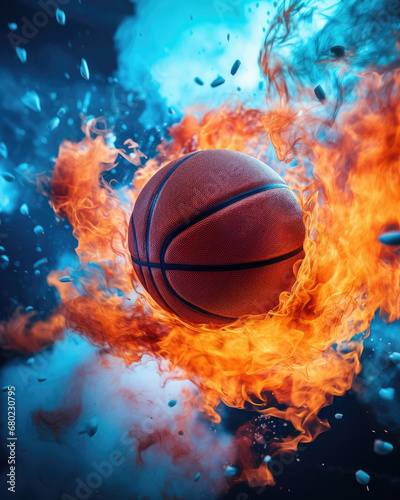 Fiery basketball contrasted against an icy background, creative vertical wallpaper  © kiddsgn