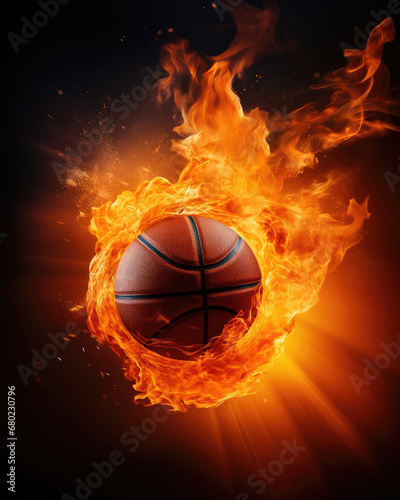 basketball in flames on a black background with ray of light 