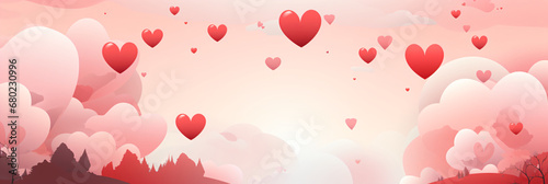 Romantic illustration of pink and red sky with hearts and trees. Ideal for love cards, sweet digital art, and romantic posts. Great for Valentine's projects.