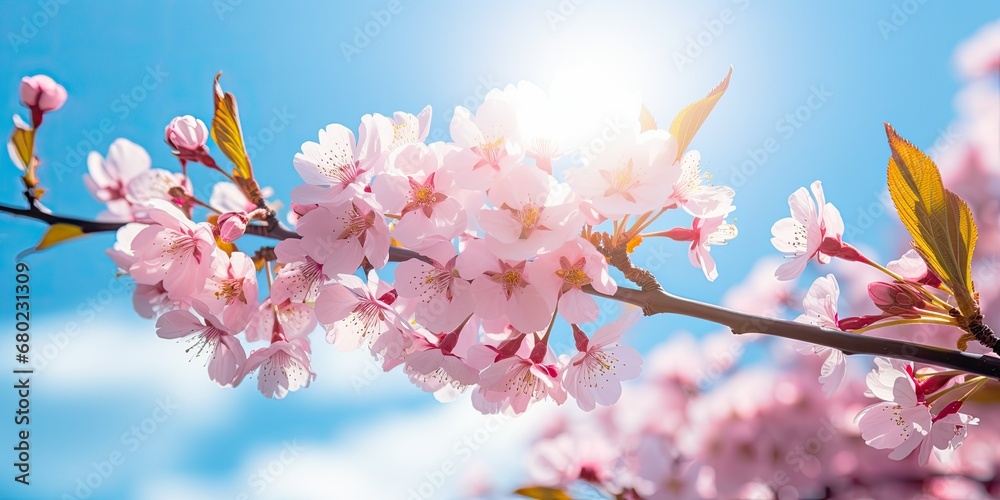 Cherry Blossom Skyline - Border of Cherry Tree Blossoms Against a Blue Sky - Nature's Delicate Frame in a Heavenly Background