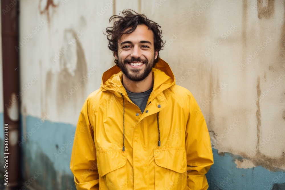Portrait of a satisfied man in his 20s wearing a vibrant raincoat against a bare concrete or plaster wall. AI Generation Portrait of a satisfied man in his 20s wearing a vibrant raincoat against a bare concrete or plaster wall. AI Generation