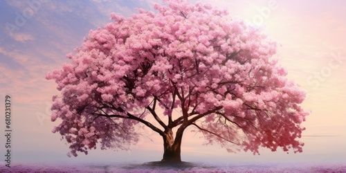 Cherry Blossom Reverie - Majestic Tree Bursting into Blossom - A Symphony of Pink Petals in the Air 