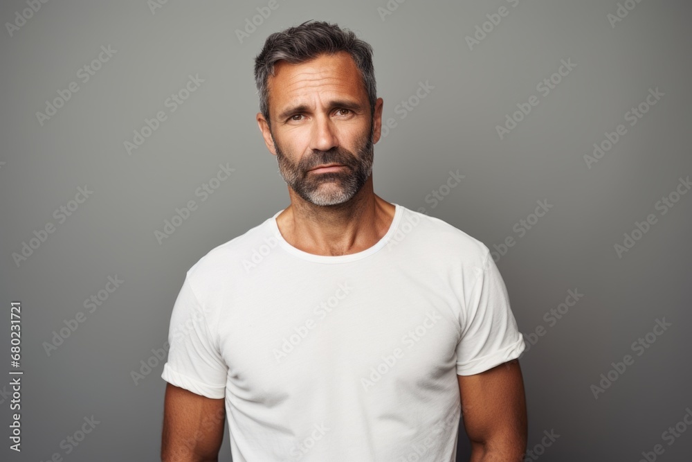 Portrait of a merry man in his 40s donning a trendy cropped top against a blank studio backdrop. AI Generation Portrait of a merry man in his 40s donning a trendy cropped top against a blank studio backdrop. AI Generation