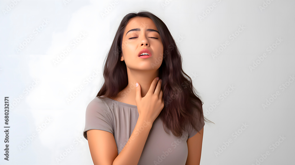 Latina woman putting her hand around her neck. Sore throat, malaise. Latina woman putting her hand around her neck. Sore throat, malaise.