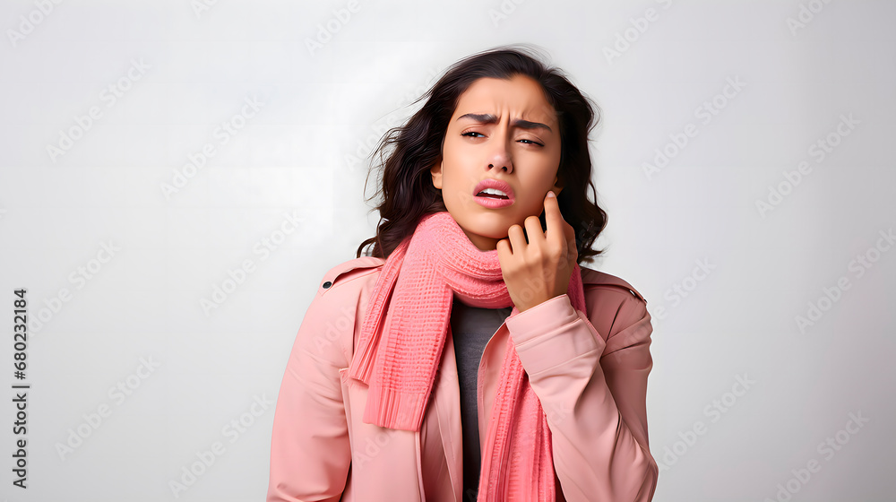 Latina woman putting her hand around her neck. Sore throat, malaise. Latina woman putting her hand around her neck. Sore throat, malaise.