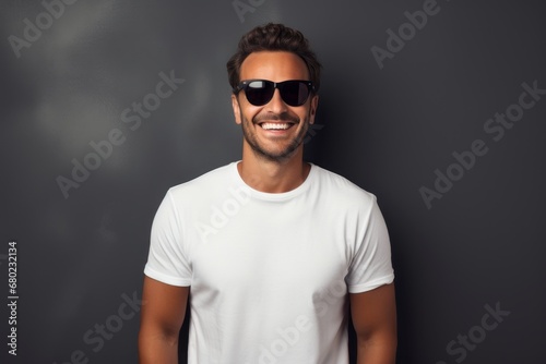 Portrait of a happy man in his 30s wearing a trendy sunglasses against a light wood minimalistic setup. AI Generation