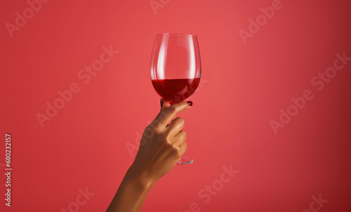 Mano sujetando una copa de vino. Mano con uñas largas y joyas. Color rojo. Fondo rojo. Aesthetic. Moda. Generado con IA.