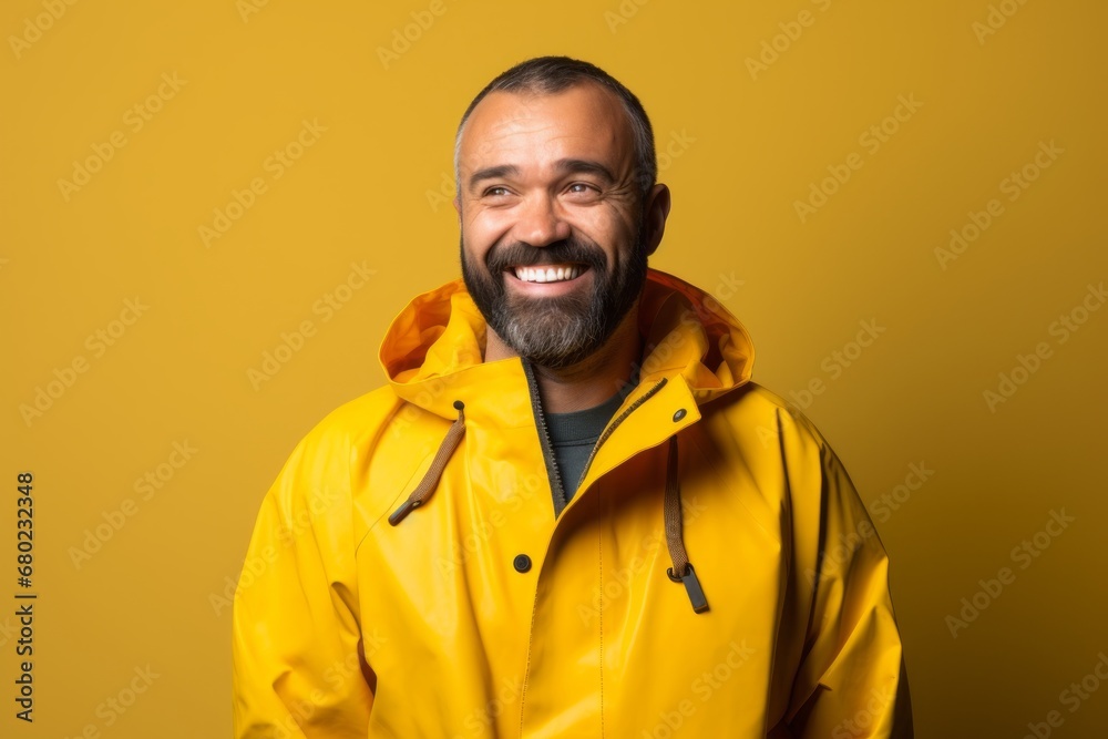 Portrait of a cheerful man in his 40s wearing a vibrant raincoat against a light wood minimalistic setup. AI Generation Portrait of a cheerful man in his 40s wearing a vibrant raincoat against a light wood minimalistic setup. AI Generation