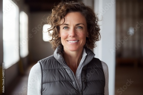 Portrait of a smiling woman in her 40s dressed in a thermal insulation vest against a empty modern loft background. AI Generation photo