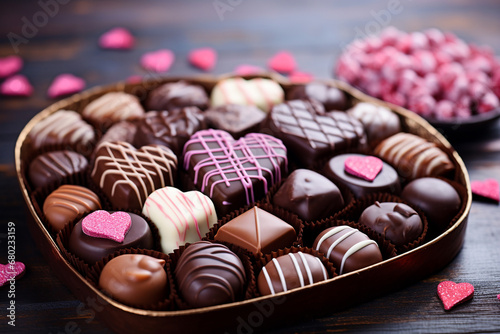 Chocolates in a heart-shaped box for Valentine's Day. A luxurious holiday gift. Selective focus. Generative AI © Irina Ermakova