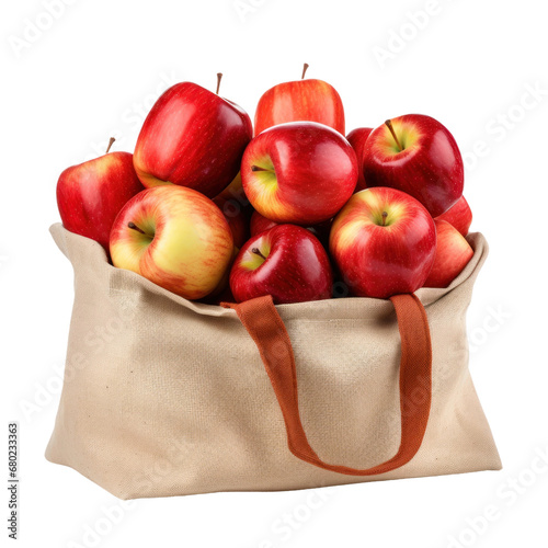 Bag full of ripe delicious apples isolated on white or transparent background, png clipart, design element. Easy to place object on any other background.