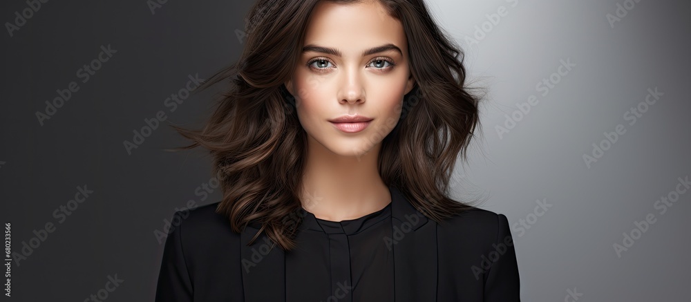 In a modern fashion business, a young woman with a happy and confident face, wearing alluring makeup and stylish black attire, poses for a portrait on a white isolated background, projecting beauty In a modern fashion business, a young woman with a happy and confident face, wearing alluring makeup and stylish black attire, poses for a portrait on a white isolated background, projecting beauty