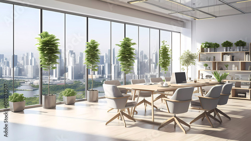 A large open office with a large table and chairs and a plant in the middle of the room with a view of the city