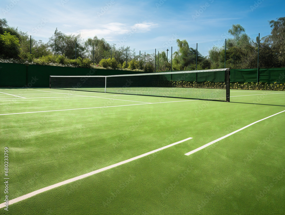 Fototapeta premium A meticulously marked tennis court with a crisp and clean white boundary.