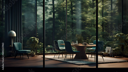 A room with a table and chairs and a painting on the wall of the room with a view of a forest