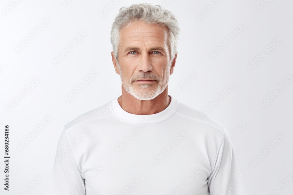 Portrait of a tender man in his 50s sporting a long-sleeved thermal undershirt against a plain white digital canvas. AI Generation Portrait of a tender man in his 50s sporting a long-sleeved thermal undershirt against a plain white digital canvas. AI Generation