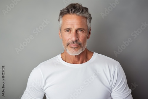 Portrait of a tender man in his 50s sporting a long-sleeved thermal undershirt against a plain white digital canvas. AI Generation