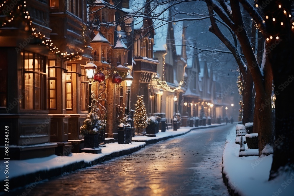 city street in winter, exteriors of houses decorated for Christmas or New Year's holiday, snow, street lights, festive environment