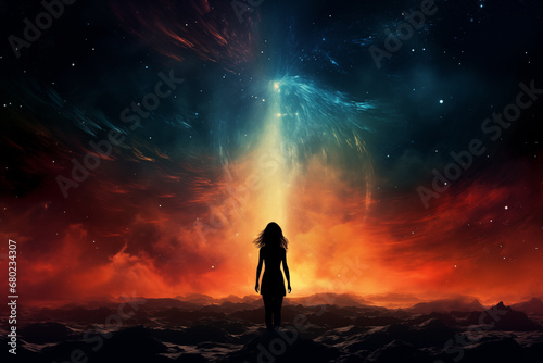 silhouette of a woman against the background of a nebula in space, standing with her back, light effects, nebula, stars and galaxy