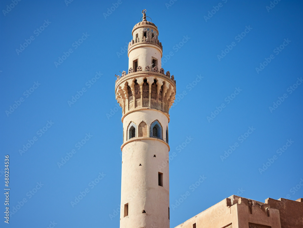 A majestic minaret stands tall and proud against a serene and cloudless sky.