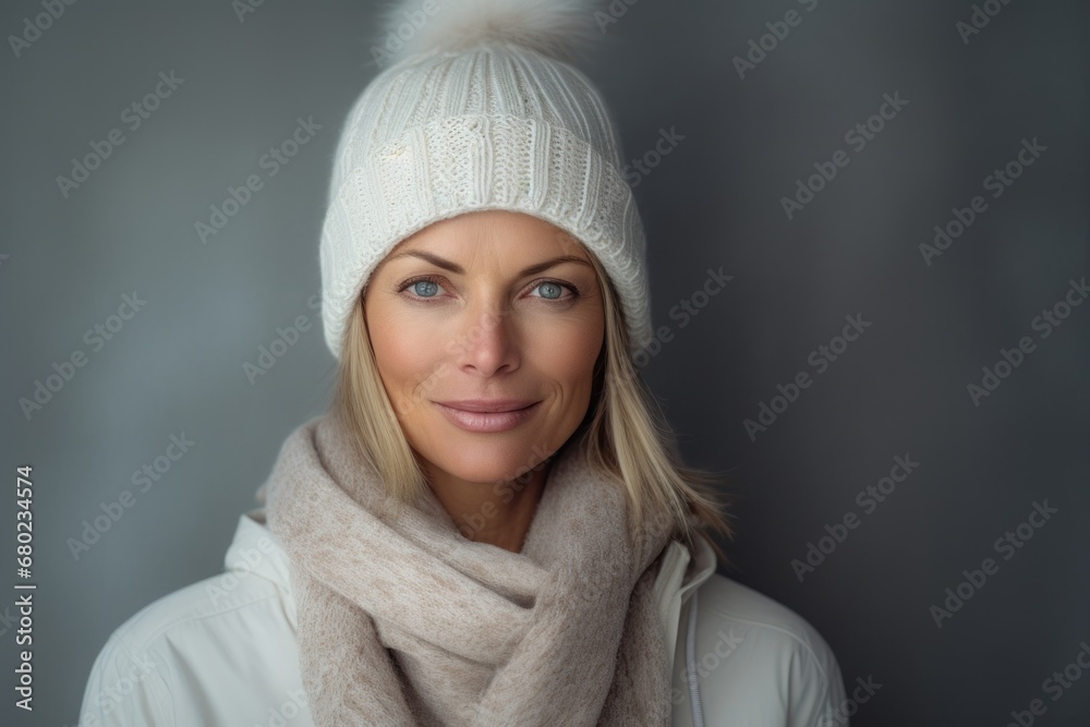 Portrait of a blissful woman in her 40s dressed in a warm ski hat against a bare monochromatic room. AI Generation Portrait of a blissful woman in her 40s dressed in a warm ski hat against a bare monochromatic room. AI Generation