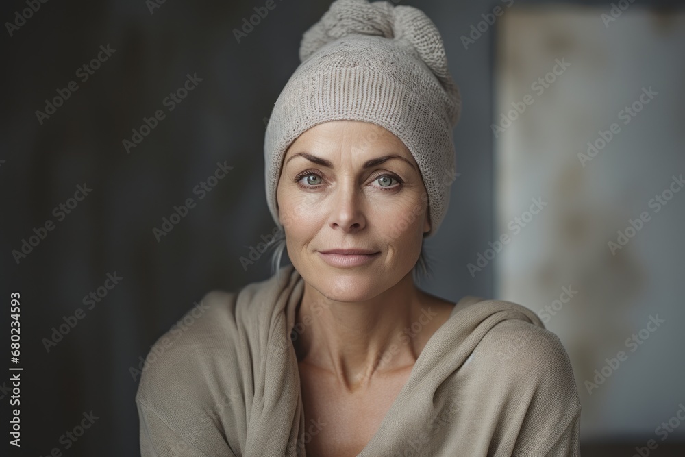 Obraz premium Portrait of a merry woman in her 40s donning a warm wool beanie against a bare monochromatic room. AI Generation