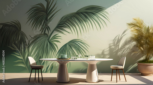 A white plate sitting on top of a table next to a palm leaf wallpaper mural mural in a green room © junaid