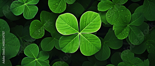 St. Patrick's Day Concept: Saint Patrick's Day Celebration, Natural Green Foliage with Shamrocks on a Shallow Depth of Field Photo. Focus on Biggest Leaf.Generative ai