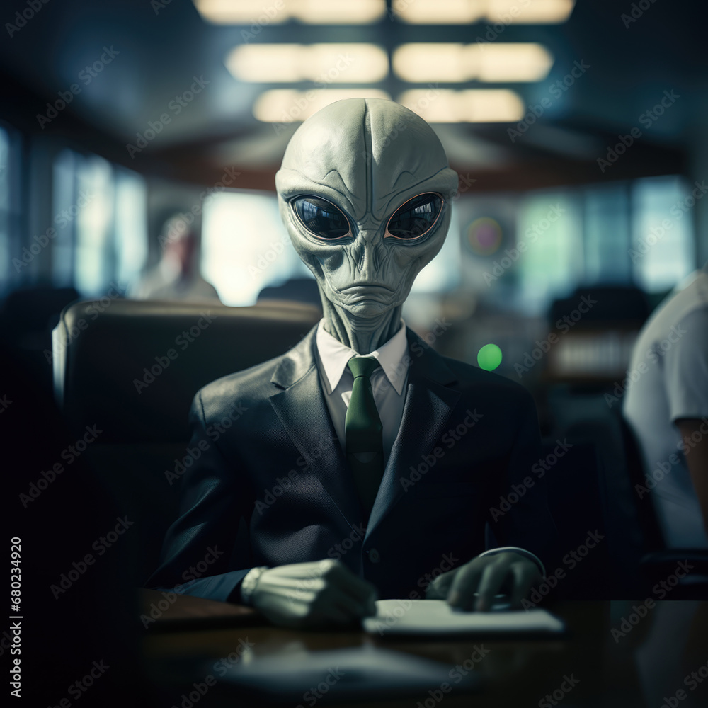 UFO alien humanoid sitting in court waiting to testify wearing a suit with tie and holding documents on table UFO alien humanoid sitting in court waiting to testify wearing a suit with tie and holding documents on table