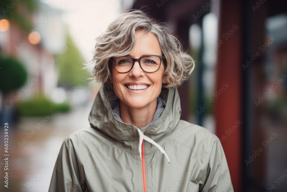 Portrait of a grinning woman in her 50s wearing a lightweight packable anorak against a stylized simple home office background. AI Generation Portrait of a grinning woman in her 50s wearing a lightweight packable anorak against a stylized simple home office background. AI Generation