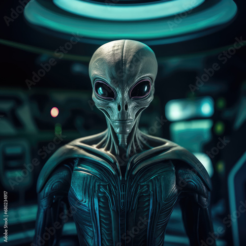 UFO alien humanoid in spaceship interior command center