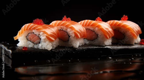 fresh sushi rolls with salmon and caviar on a dark background