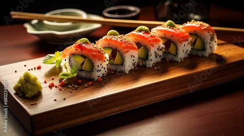 Sushi rolls with salmon, avocado and wasabi on a wooden board