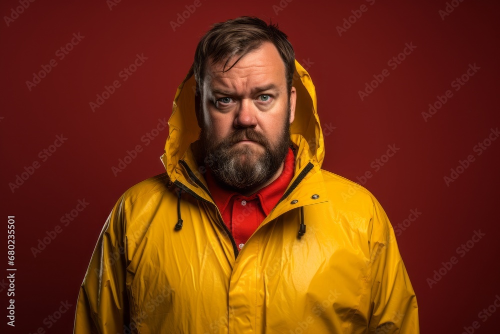 Portrait of a tender man in his 40s wearing a vibrant raincoat against a plain cyclorama studio wall. AI Generation Portrait of a tender man in his 40s wearing a vibrant raincoat against a plain cyclorama studio wall. AI Generation