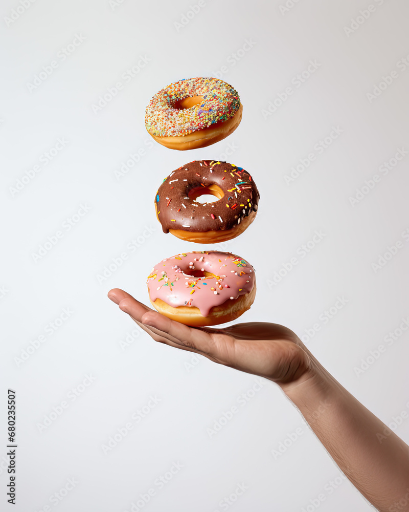 Hand Holding a Delicious Donut, tree doughnut topped with chocolate, pink glazed sweets and multi-colored sprinkle, creative and funny photoshoot for donut brand  - obrazy, fototapety, plakaty 