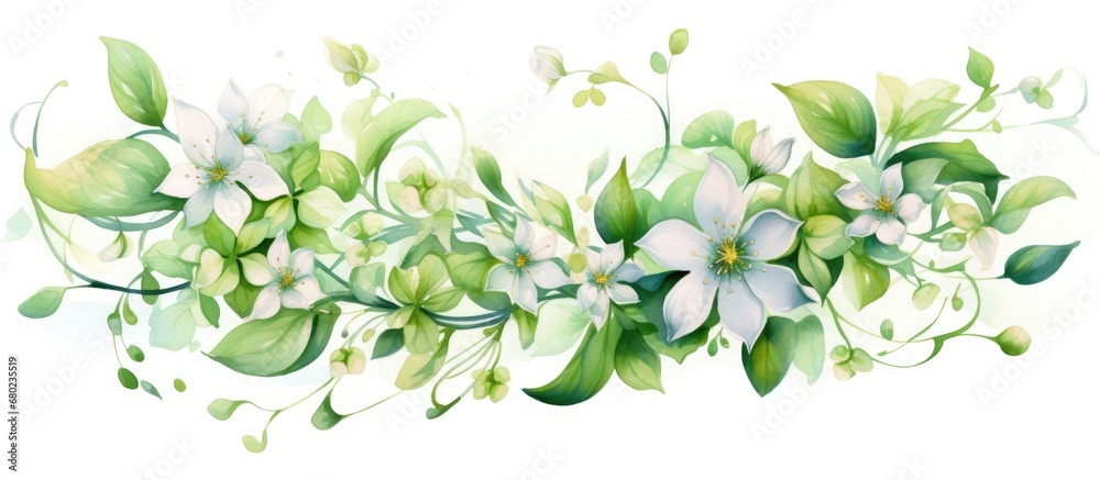In a beautiful vintage illustration, a green leaf with delicate flowers in watercolor blooms, creating a stunning art piece for a summer wedding card, isolated in a white background, evoking the