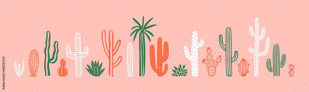 Hand drawn cactus plant doodle set. Vintage style cartoon cacti houseplant illustration collection. Isolated element of nature desert flora, mexican garden bundle. Natural interior graphic decoration. - obrazy, fototapety, plakaty 