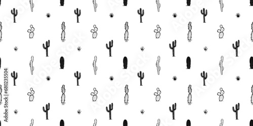 Hand drawn cactus plant doodle seamless pattern. Black and white cacti houseplant background. Nature desert flora texture, mexican garden print. Natural interior graphic decoration wallpaper.
