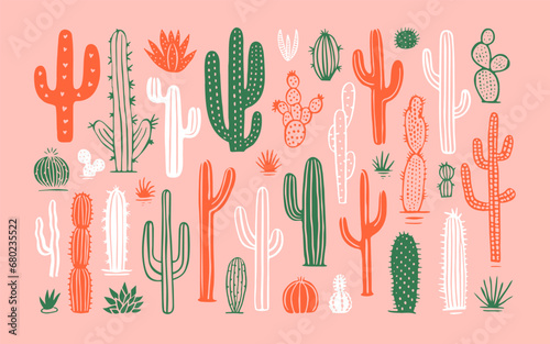 Hand drawn cactus plant doodle set. Vintage style cartoon cacti houseplant illustration collection. Isolated element of nature desert flora, mexican garden bundle. Natural interior graphic decoration.