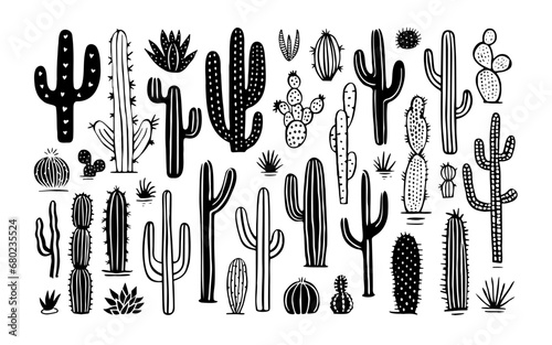 Hand drawn cactus plant doodle set. Vintage style black and white cartoon cacti houseplant illustration collection. Isolated element of nature desert flora, mexican garden bundle.
